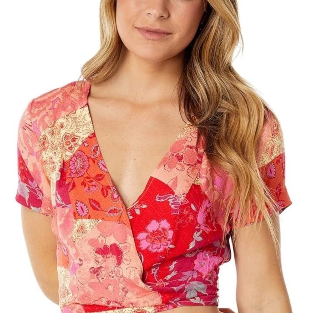 Free People Patchwork Floral Tie-Back Blouse